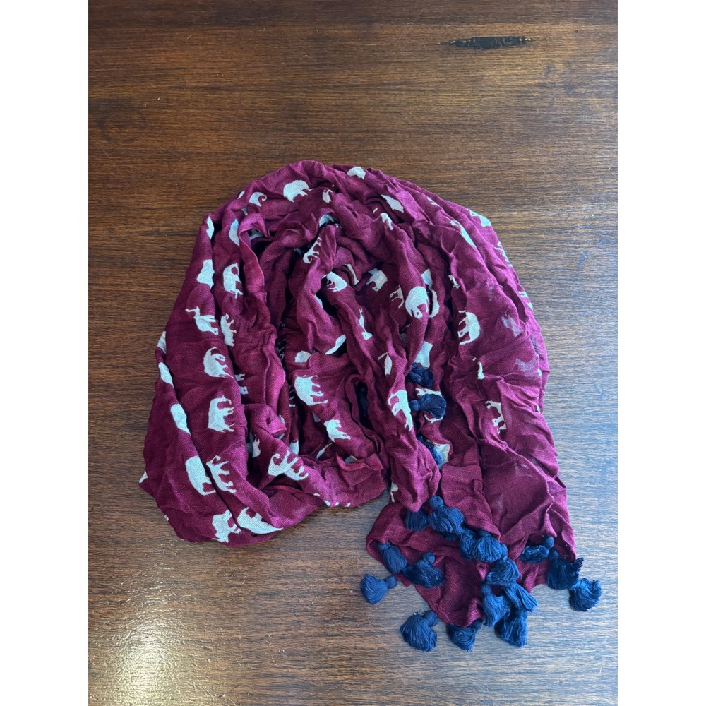 Maroon Elephant Print Scarf Tassel Accent Lightweight Boho